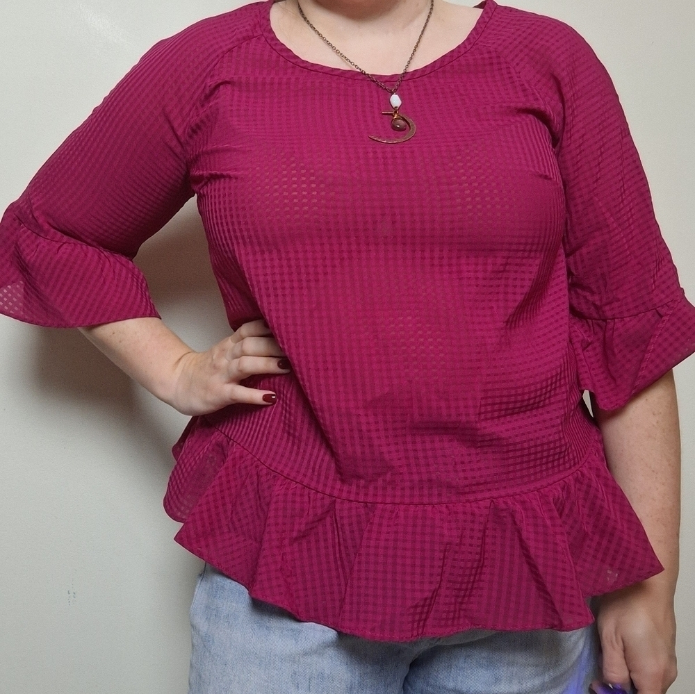 A New Day Ruffled Sleeve Bright Pink Check Print Peplum Blouse